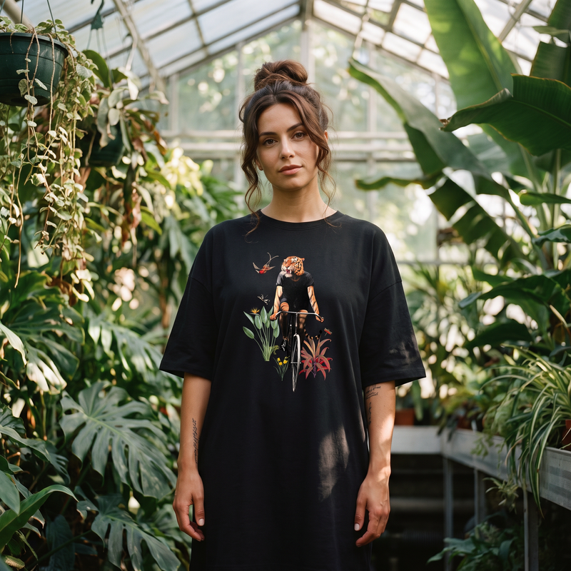 Robe t-shirt oversize noire imprimé collage surréaliste tigre cycliste, portée dans une serre botanique
