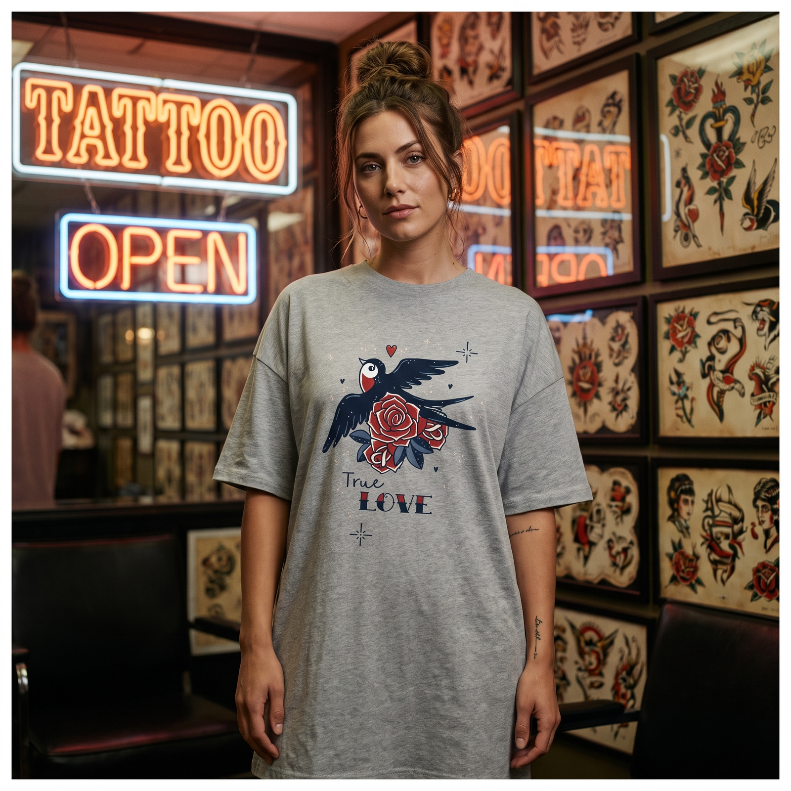 Femme portant la robe t-shirt oversize grise imprimé hirondelle et rose True Love dans un salon de tatouage vintage
