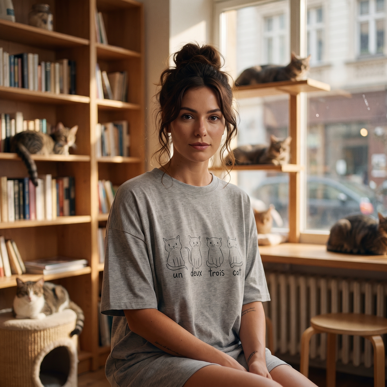 Femme portant la robe t-shirt oversize gris chiné CHT'M avec l'illustration "un deux trois cat" dans un café à chats cosy