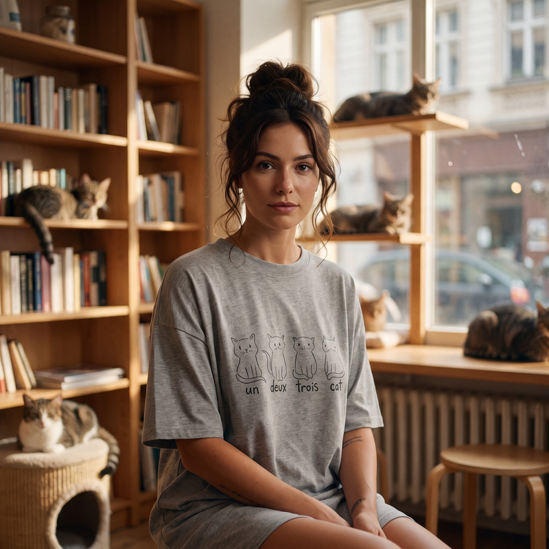 Femme portant la robe t-shirt oversize gris chiné CHT'M avec l'illustration "un deux trois cat" dans un café à chats cosy