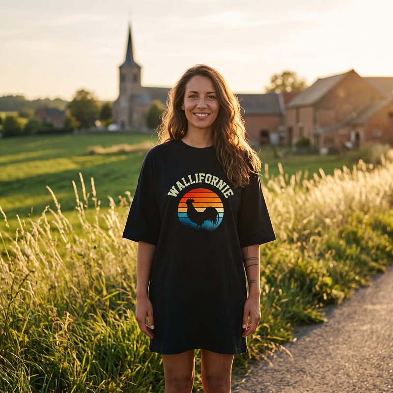 Robe t-shirt oversize noire Wallifornie au coq wallon sur soleil rétro, portée au coucher du soleil dans la campagne wallonne