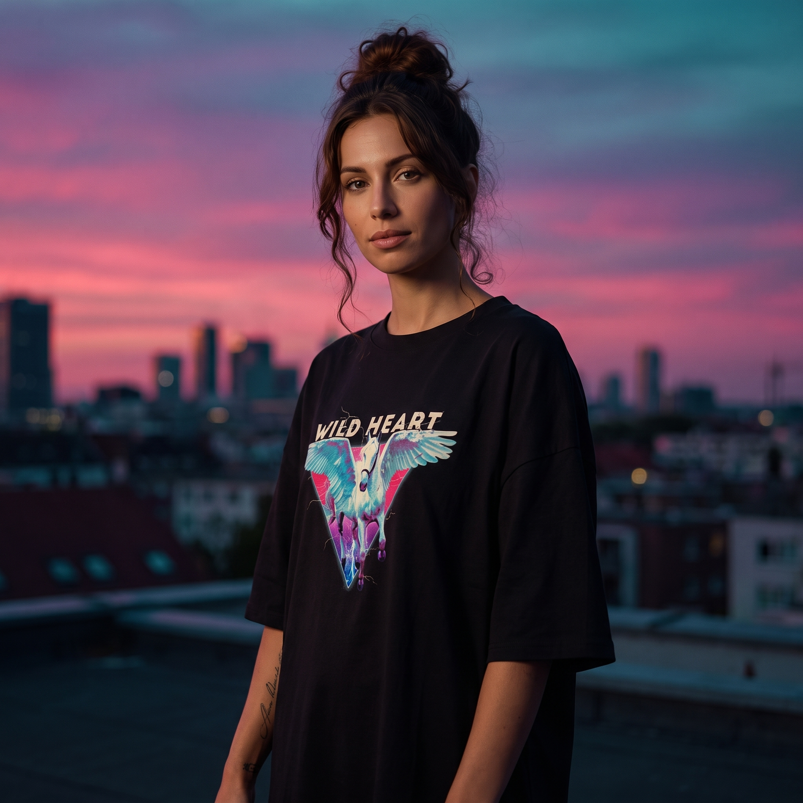 Femme portant la robe t-shirt oversize noire imprimé Wild Heart pégase sur un rooftop au coucher du soleil