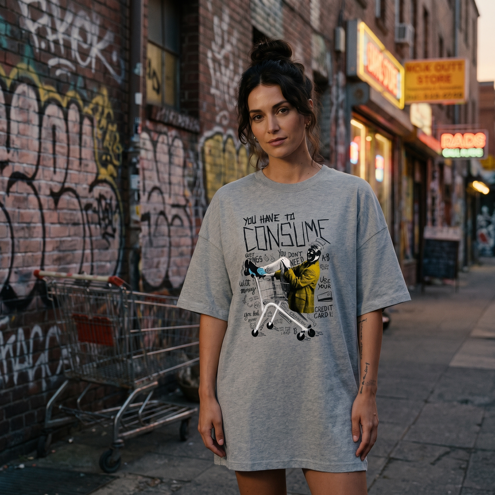 Femme portant la robe t-shirt oversize gris chiné CHT'M avec l'imprimé satirique "You have to consume" dans une ruelle urbaine graffitée