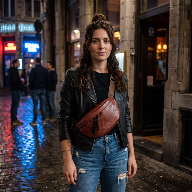 Sac banane femme en cuir vegan avec chaîne porté par une femme, look streetwear en Belgique | CHT'M Boutique