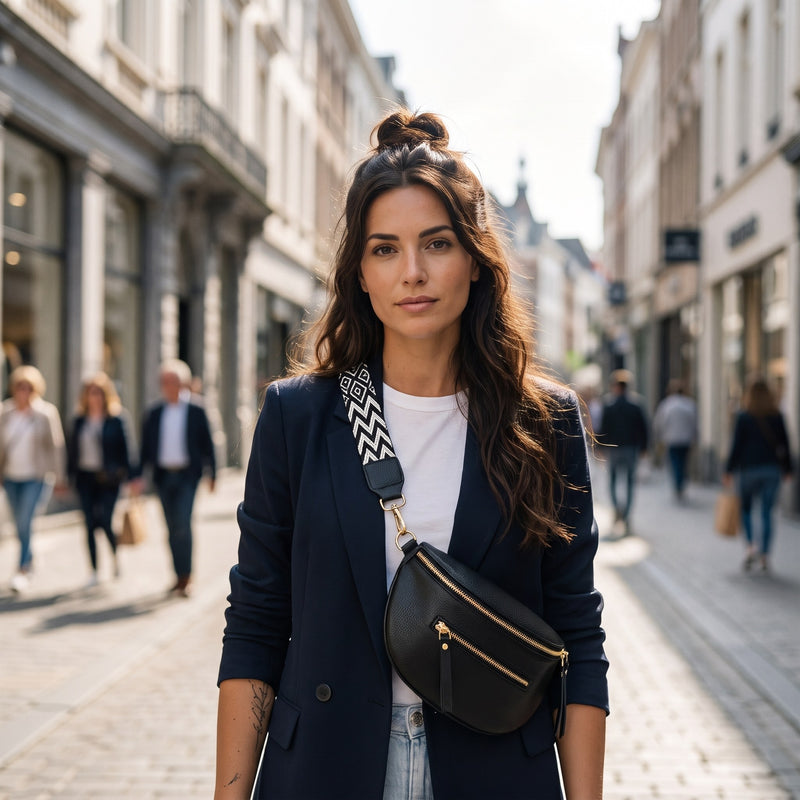 Sac banane demi-lune en cuir vegan porté par une femme, look streetwear en Belgique | CHT'M Boutique