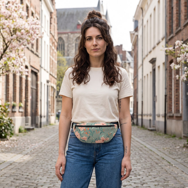 Sac banane fleurs sur fond vert sauge porté par une femme, look streetwear en Belgique | CHT'M Boutique