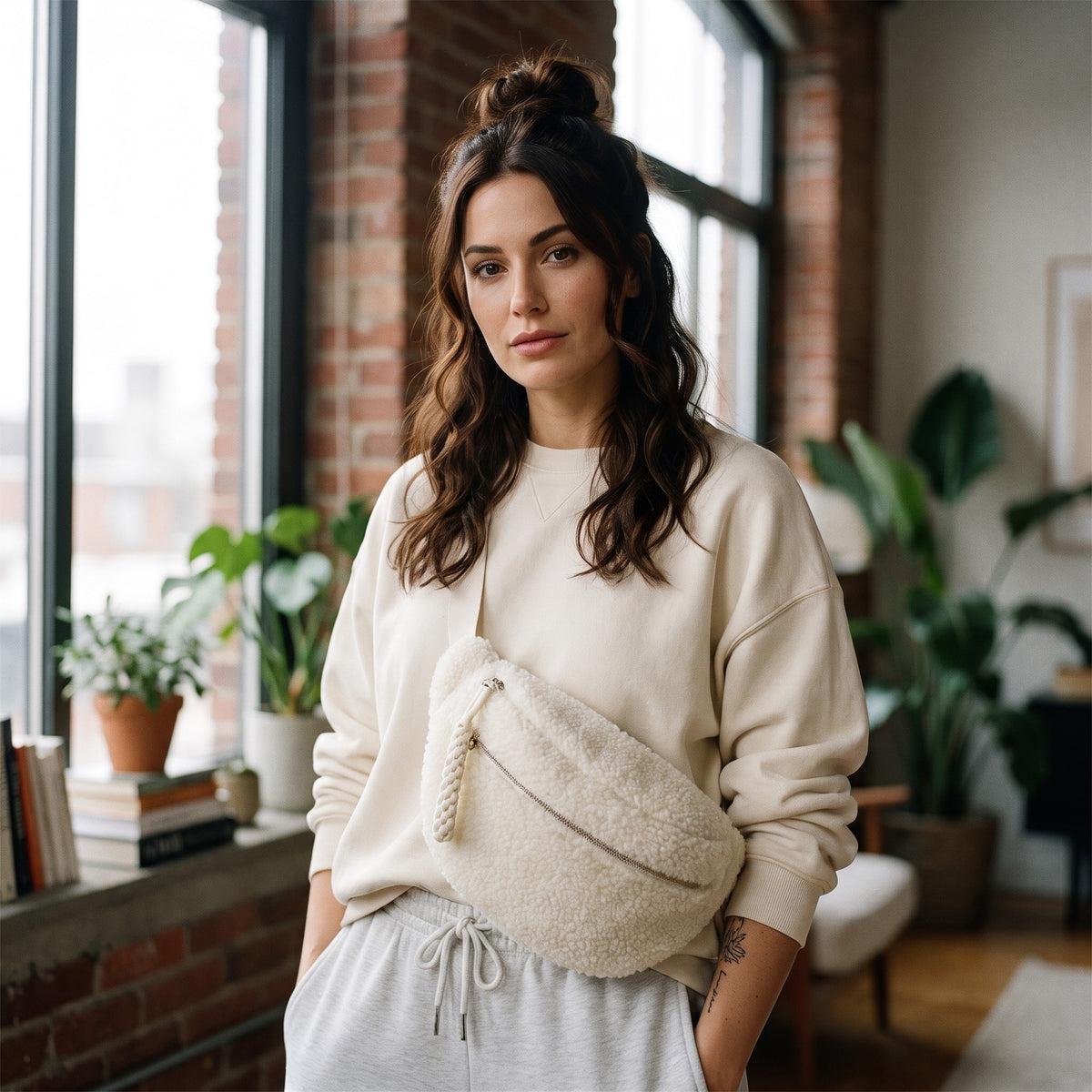 Sac banane moumoute en fausse fourrure porté par une femme, look streetwear en Belgique | CHT'M Boutique