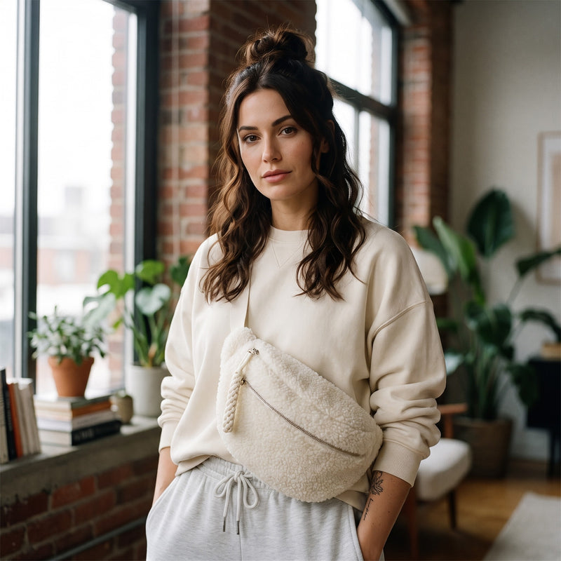 Sac banane moumoute en fausse fourrure porté par une femme, look streetwear en Belgique | CHT'M Boutique
