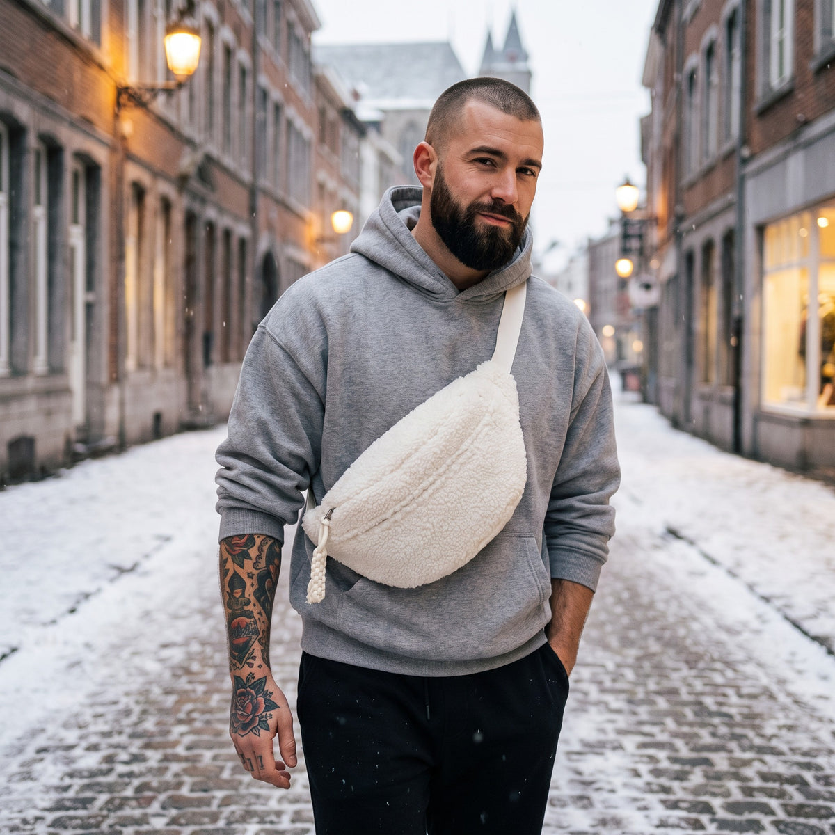 Sac banane moumoute en fausse fourrure porté par un homme, look streetwear en Belgique | CHT'M Boutique