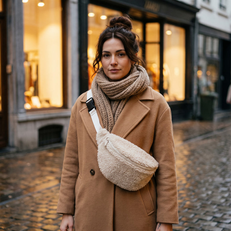 Sac bandoulière moumoute effet teddy porté par une femme, look streetwear en Belgique | CHT'M Boutique