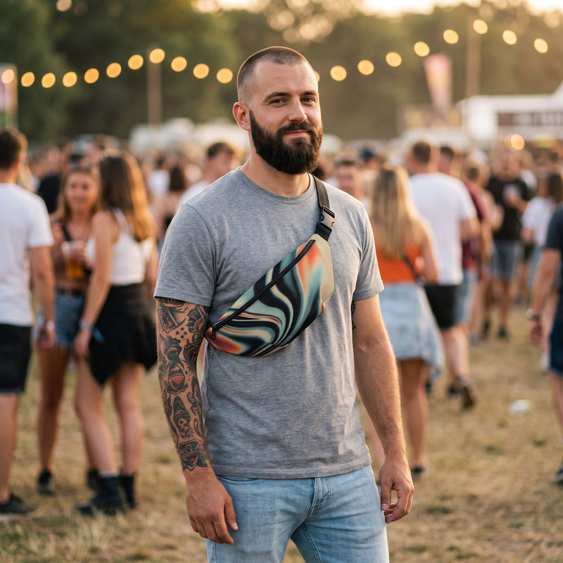 Sac banane psychédélique effet fumée porté par un homme, look streetwear en Belgique | CHT'M Boutique