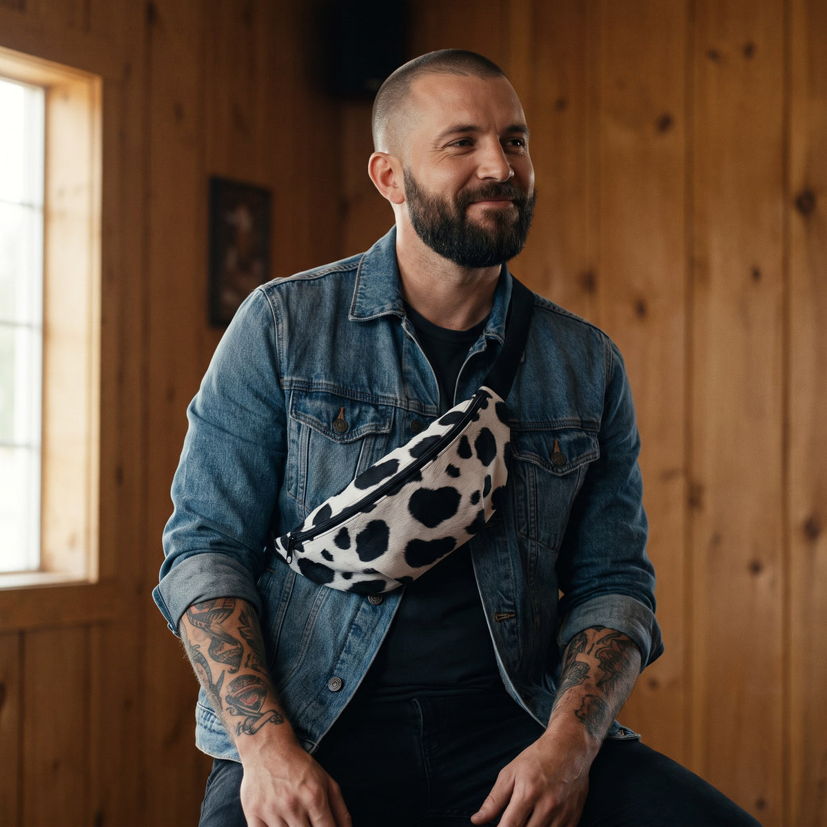 Sac banane imprimé vache noir et blanc porté par un homme, look streetwear en Belgique | CHT'M Boutique