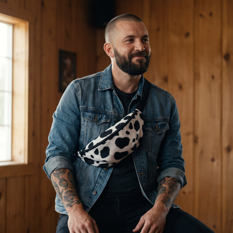 Sac banane imprimé vache noir et blanc porté par un homme, look streetwear en Belgique | CHT'M Boutique