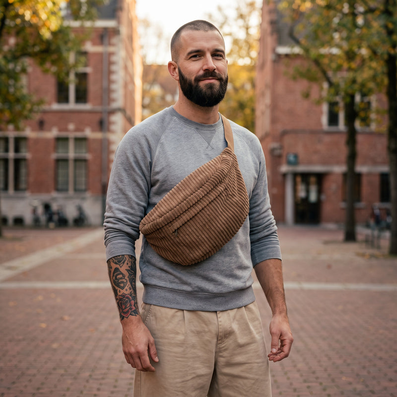 Sac banane XXL en velours côtelé porté par un homme, look streetwear en Belgique | CHT'M Boutique