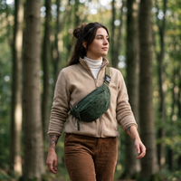 Femme portant le sac banane en velours côtelé vert en forêt de Soignes | CHT'M Boutique