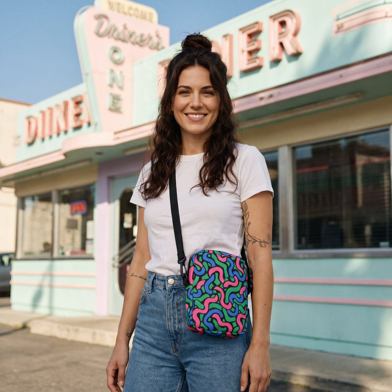 Sac bandoulière motif années 80 porté par une femme, look streetwear en Belgique | CHT'M Boutique