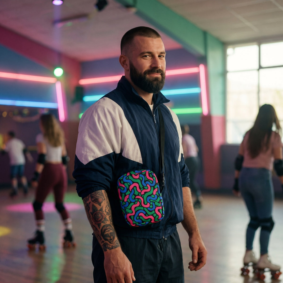 Sac bandoulière motif années 80 porté par un homme, look streetwear en Belgique | CHT'M Boutique