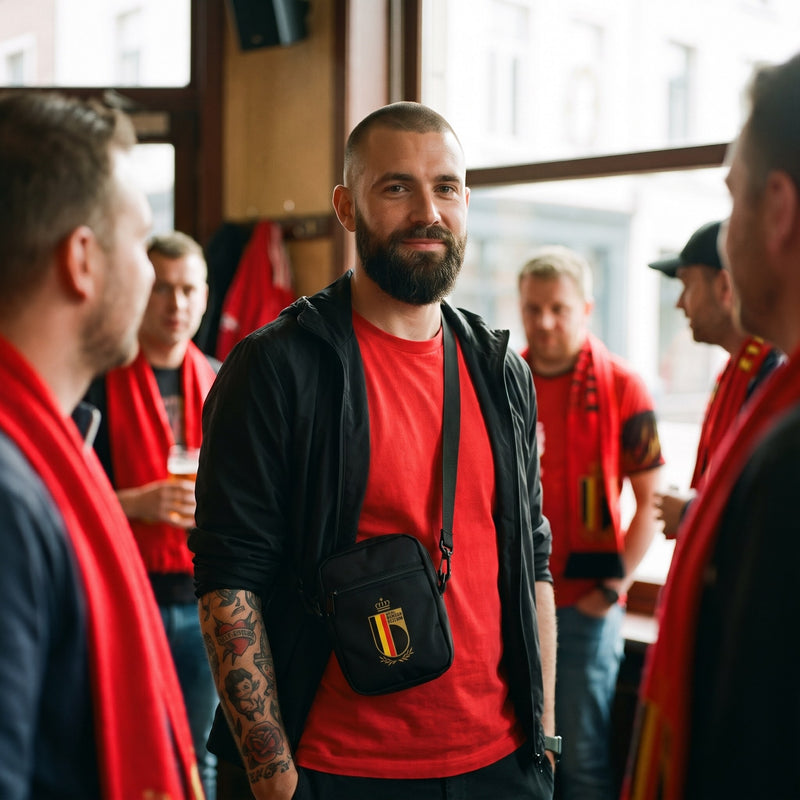 Sac bandoulière noir supporter Belgique porté par un homme, look streetwear en Belgique | CHT'M Boutique
