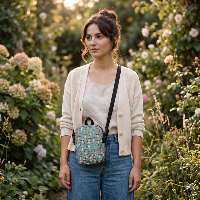 Sac bandoulière champignons amanite porté par une femme, look streetwear en Belgique | CHT'M Boutique