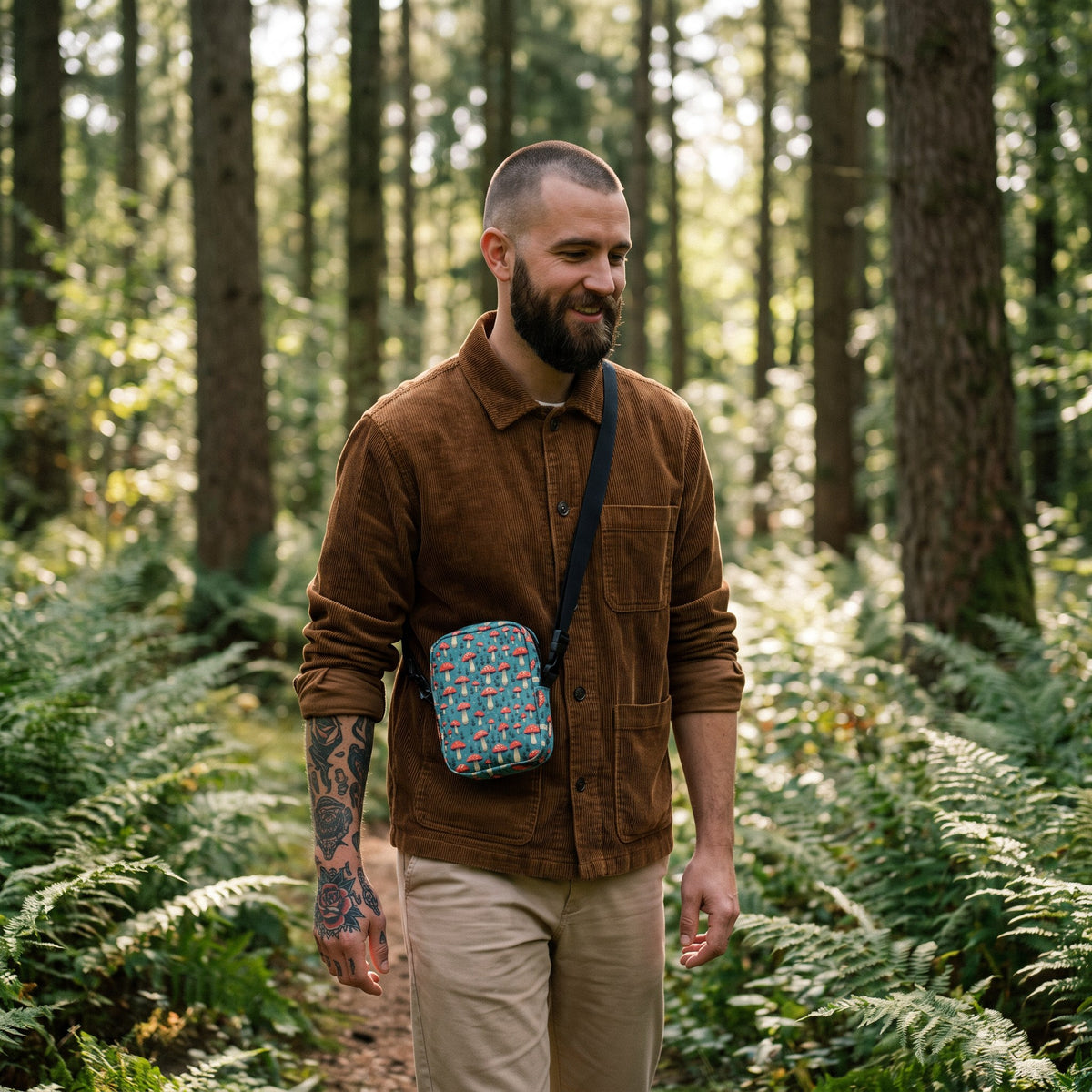 Sac bandoulière champignons amanite porté par un homme, look streetwear en Belgique | CHT'M Boutique