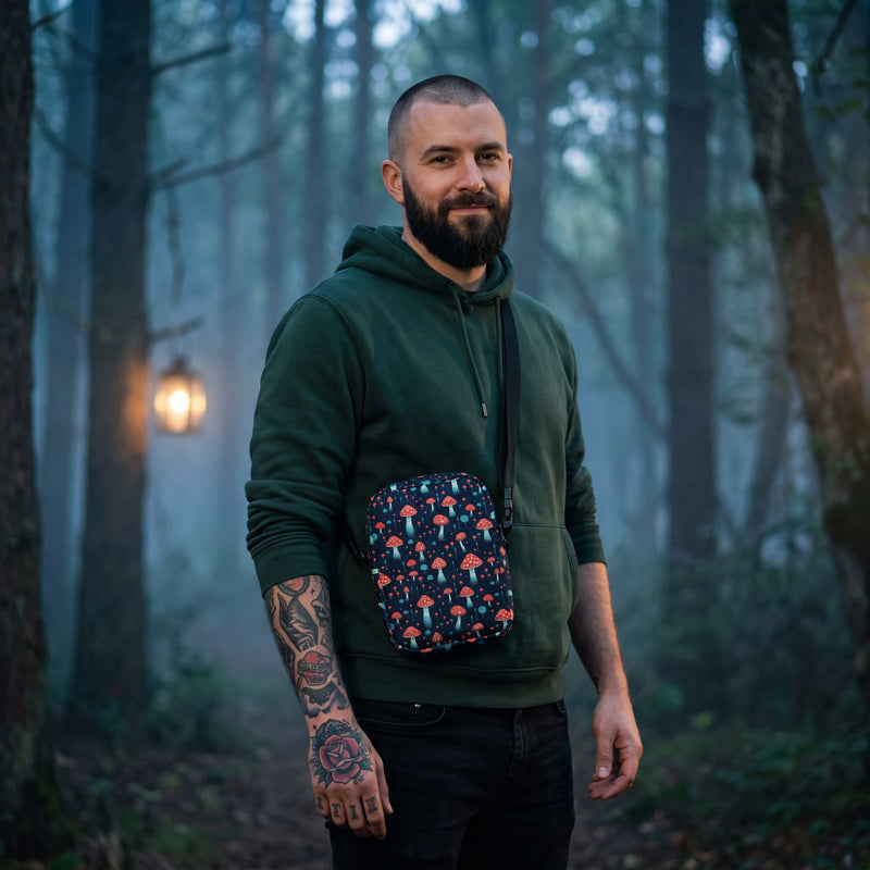 Sac bandoulière champignons fond nuit porté par un homme, look streetwear en Belgique | CHT'M Boutique