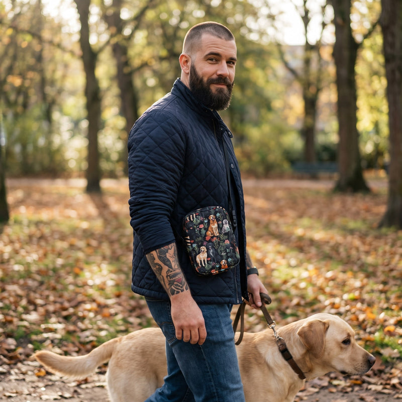 Sac bandoulière chiens labrador porté par un homme, look streetwear en Belgique | CHT'M Boutique