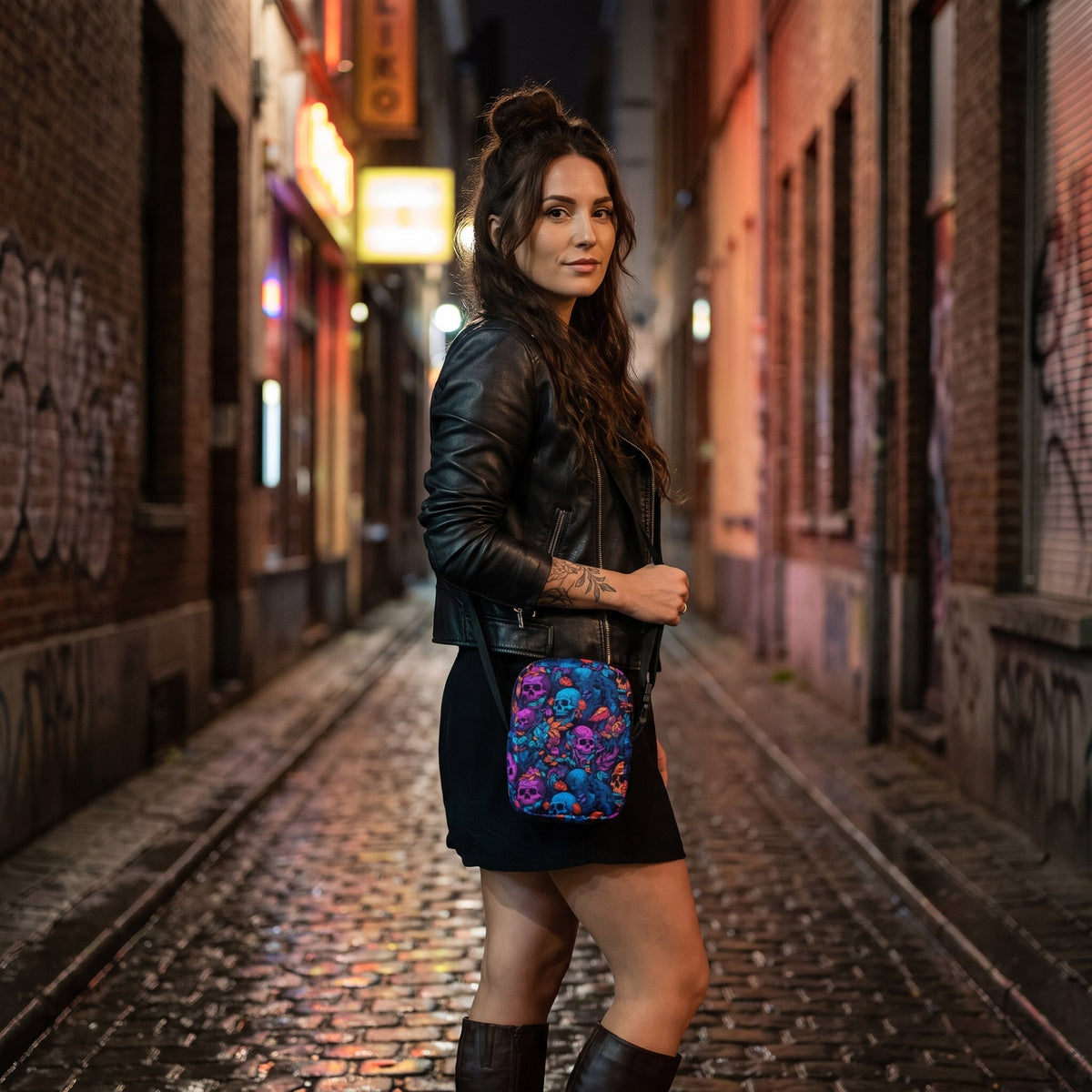 Sac bandoulière crânes néon violet et bleu porté par une femme, look streetwear en Belgique | CHT'M Boutique