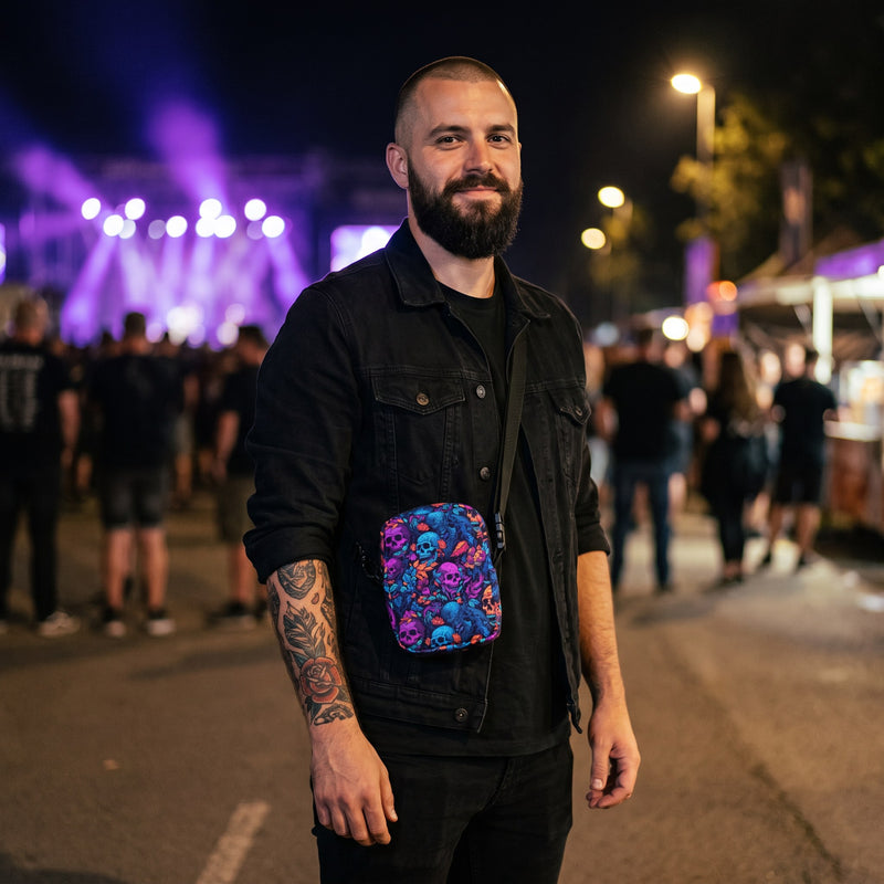 Sac bandoulière crânes néon violet et bleu porté par un homme, look streetwear en Belgique | CHT'M Boutique
