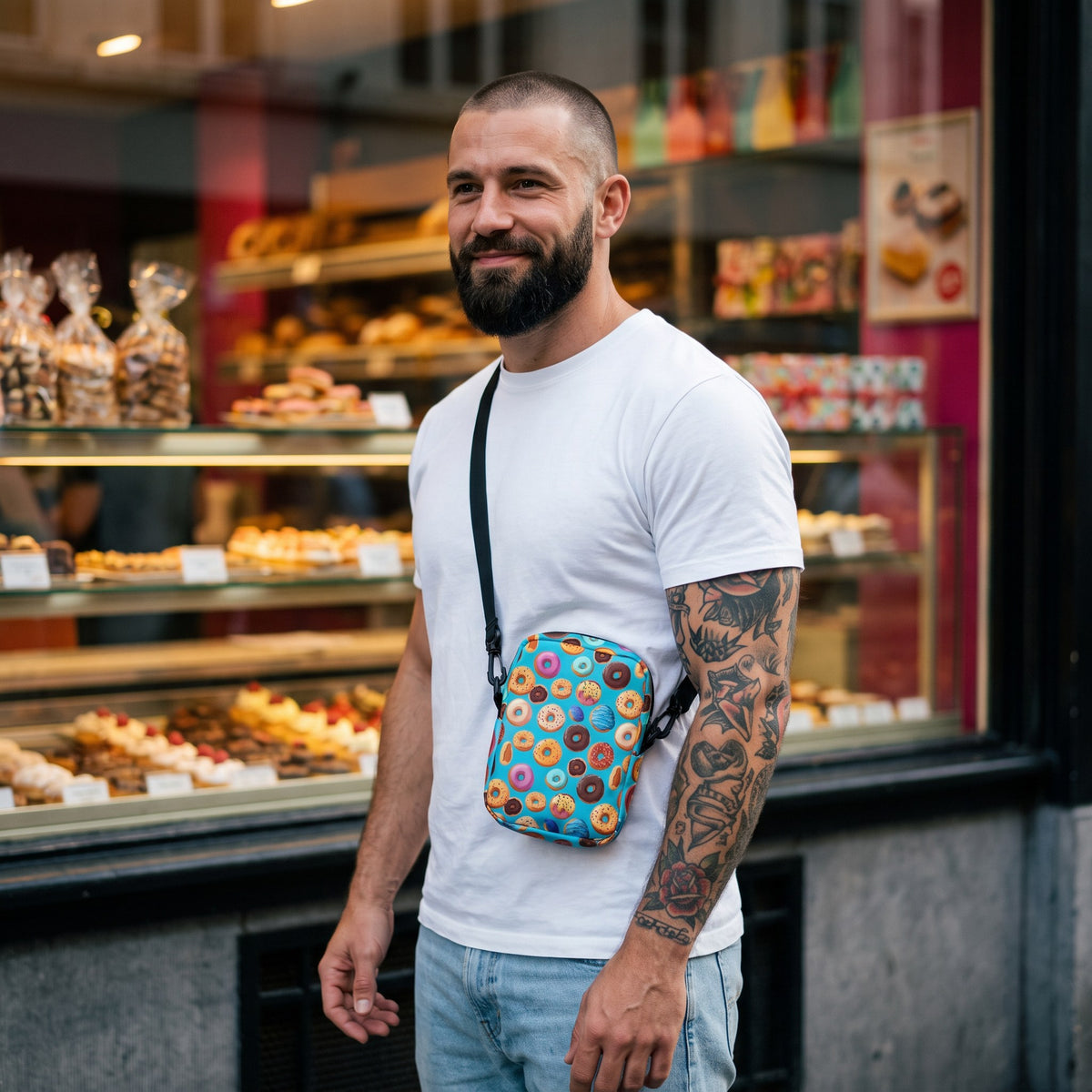 Sac bandoulière imprimé donuts porté par un homme, look streetwear en Belgique | CHT'M Boutique
