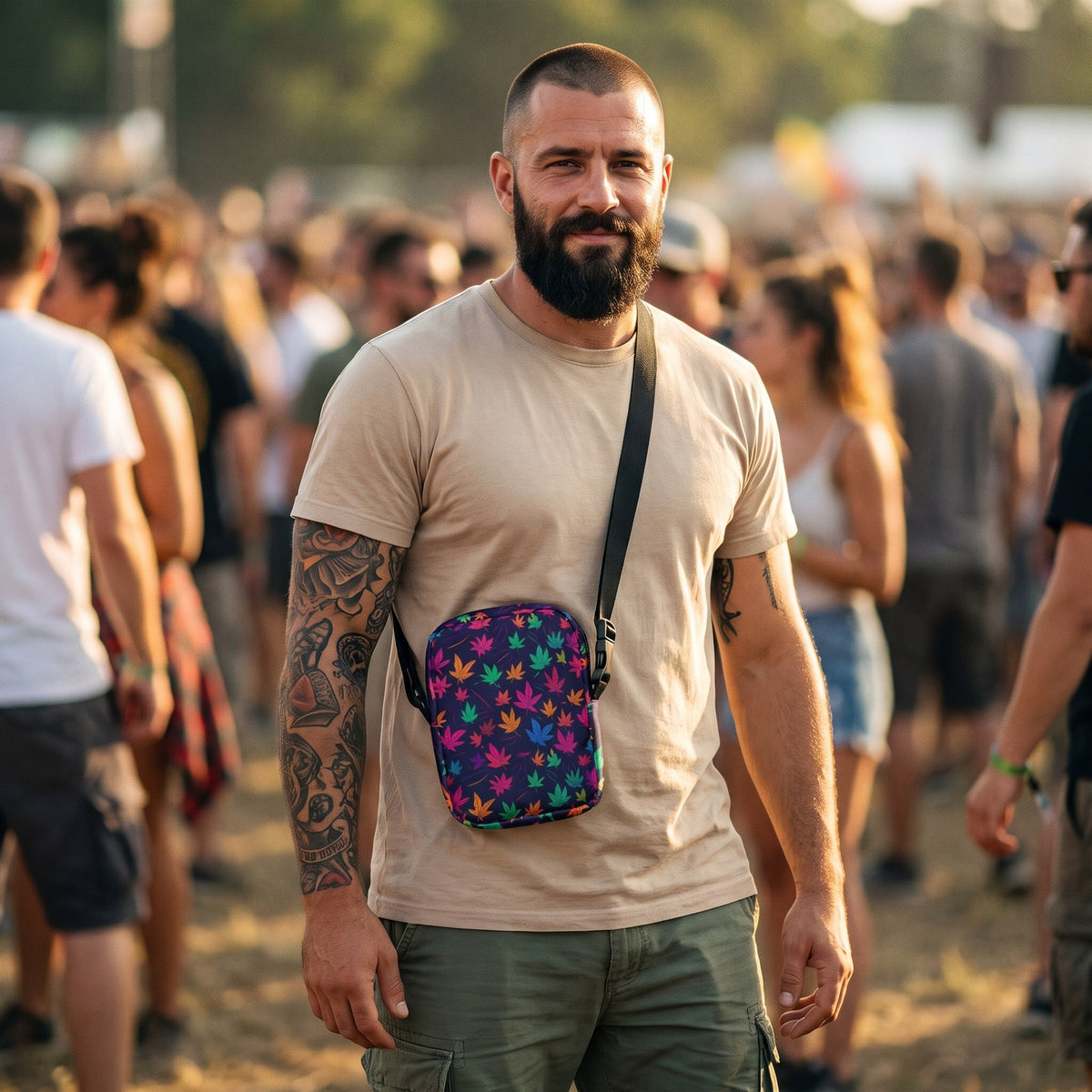 Sac bandoulière à feuilles colorées 420 porté par un homme, look streetwear en Belgique | CHT'M Boutique