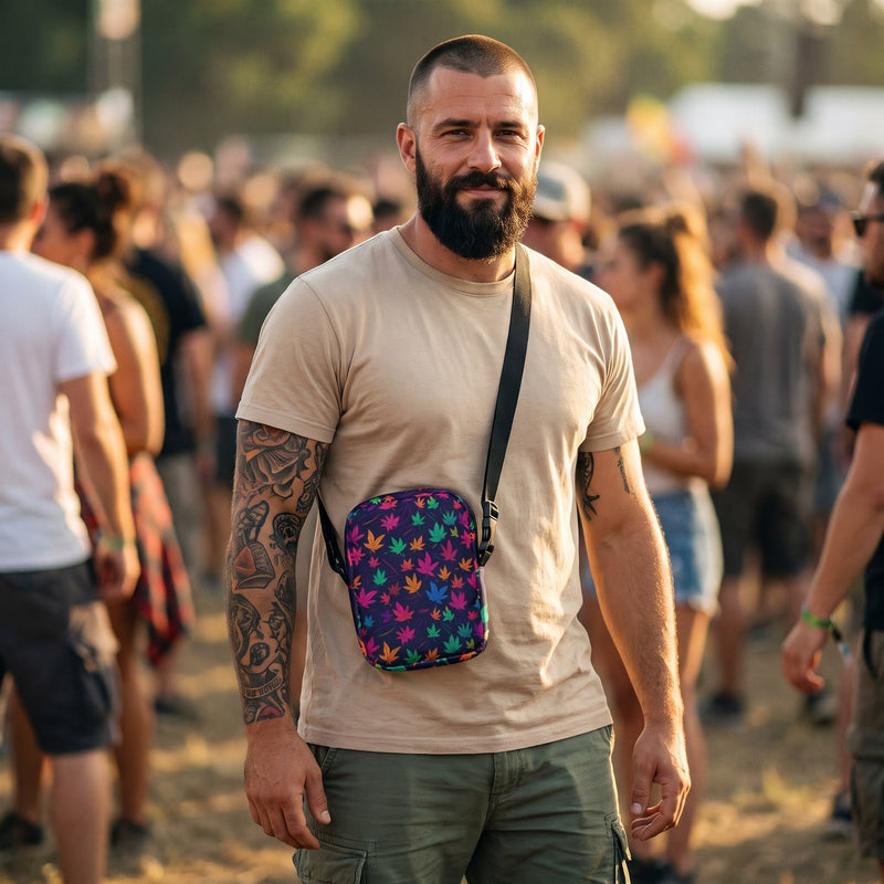 Sac bandoulière à feuilles colorées 420 porté par un homme, look streetwear en Belgique | CHT'M Boutique