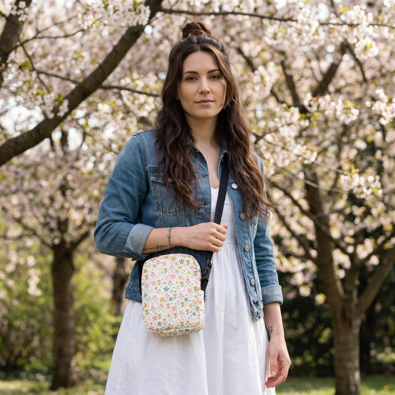 Sac bandoulière à petites fleurs pastel porté par une femme, look streetwear en Belgique | CHT'M Boutique