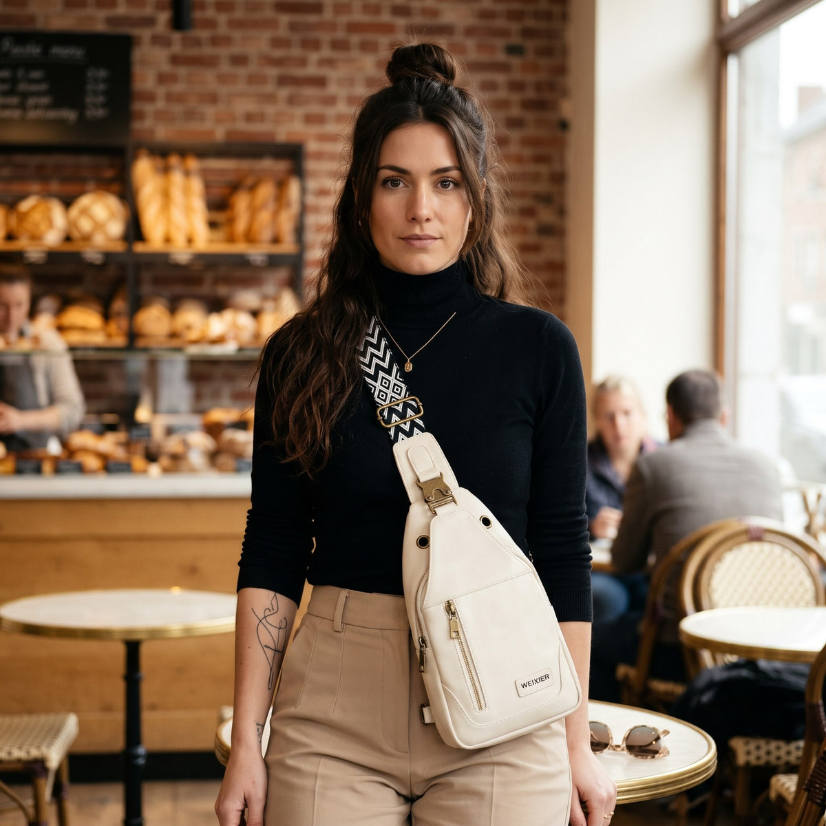 Sac poitrine en cuir vegan blanc cassé avec porte-cartes porté par une femme, look streetwear en Belgique | CHT'M Boutique