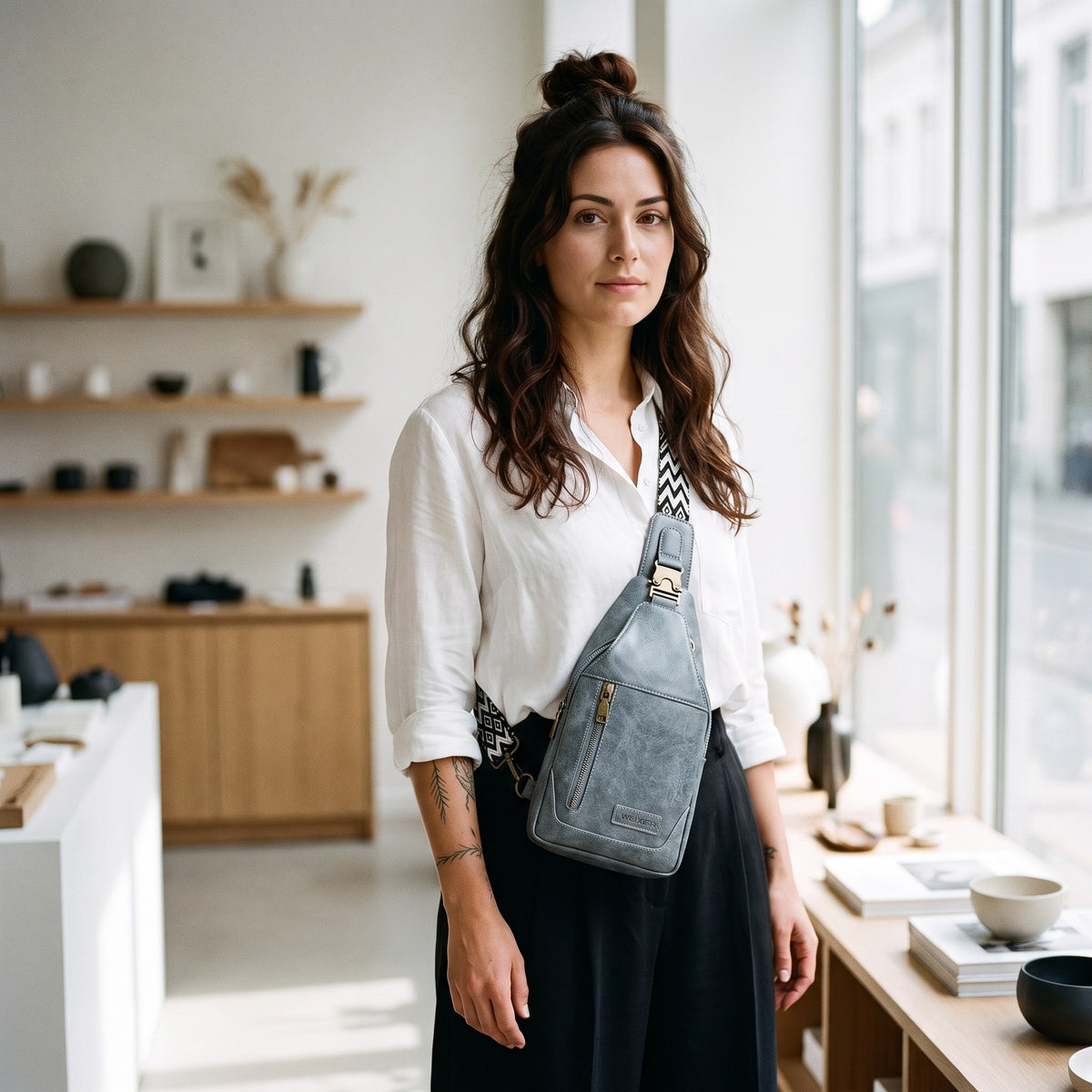 Sac poitrine en cuir vegan gris argenté avec porte-cartes porté par une femme, look streetwear en Belgique | CHT'M Boutique