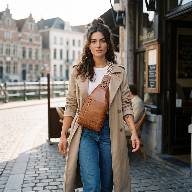 Sac poitrine en cuir vegan avec porte-cartes porté par une femme, look streetwear en Belgique | CHT'M Boutique