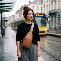 Sac poitrine en cuir vegan avec porte-cartes porté par une femme, look streetwear en Belgique | CHT'M Boutique