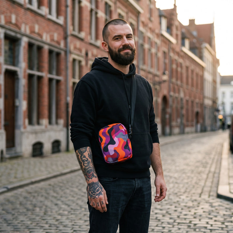 Sac bandoulière original à vagues orange et violet porté par un homme, look streetwear en Belgique | CHT'M Boutique