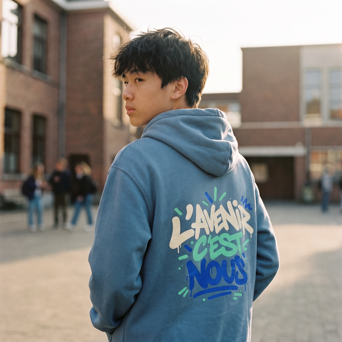 Lycéen de dos portant le sweat à capuche Gen Z « L'avenir c'est nous » bleu acier, grand print dans le dos – sweat manif original