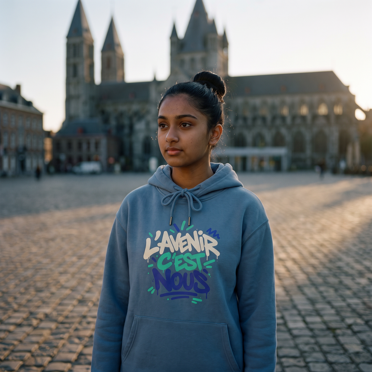 Lycéenne portant le sweat à capuche Gen Z « L'avenir c'est nous » bleu acier dans la rue – sweat Gen Z pas cher