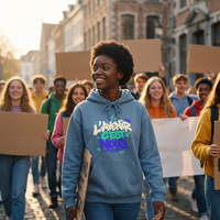 Lycéenne en manifestation pacifique avec le sweat à capuche Gen Z « L'avenir c'est nous » bleu acier