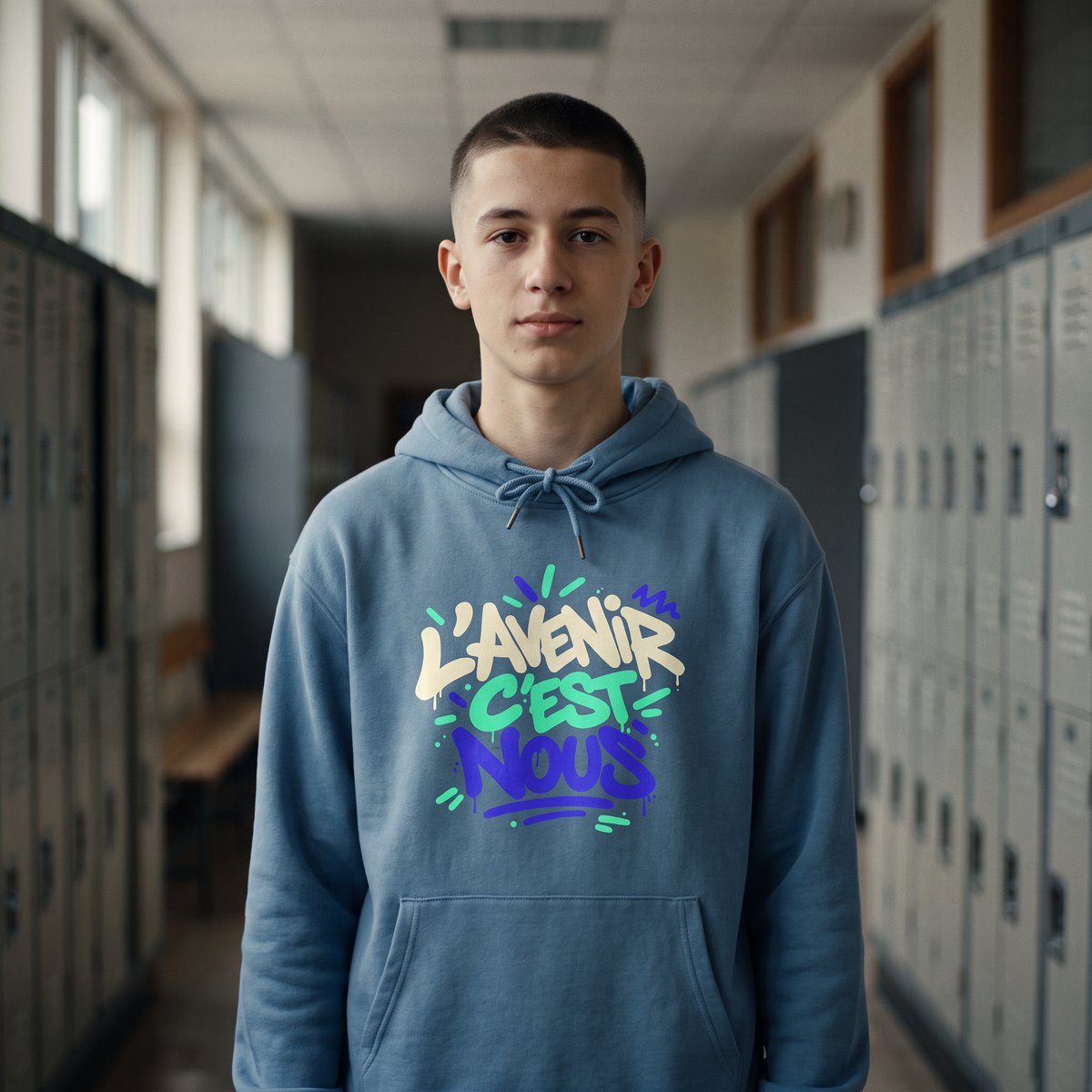 Lycéen portant le sweat à capuche Gen Z « L'avenir c'est nous » bleu acier dans un couloir de lycée – hoodie manif original
