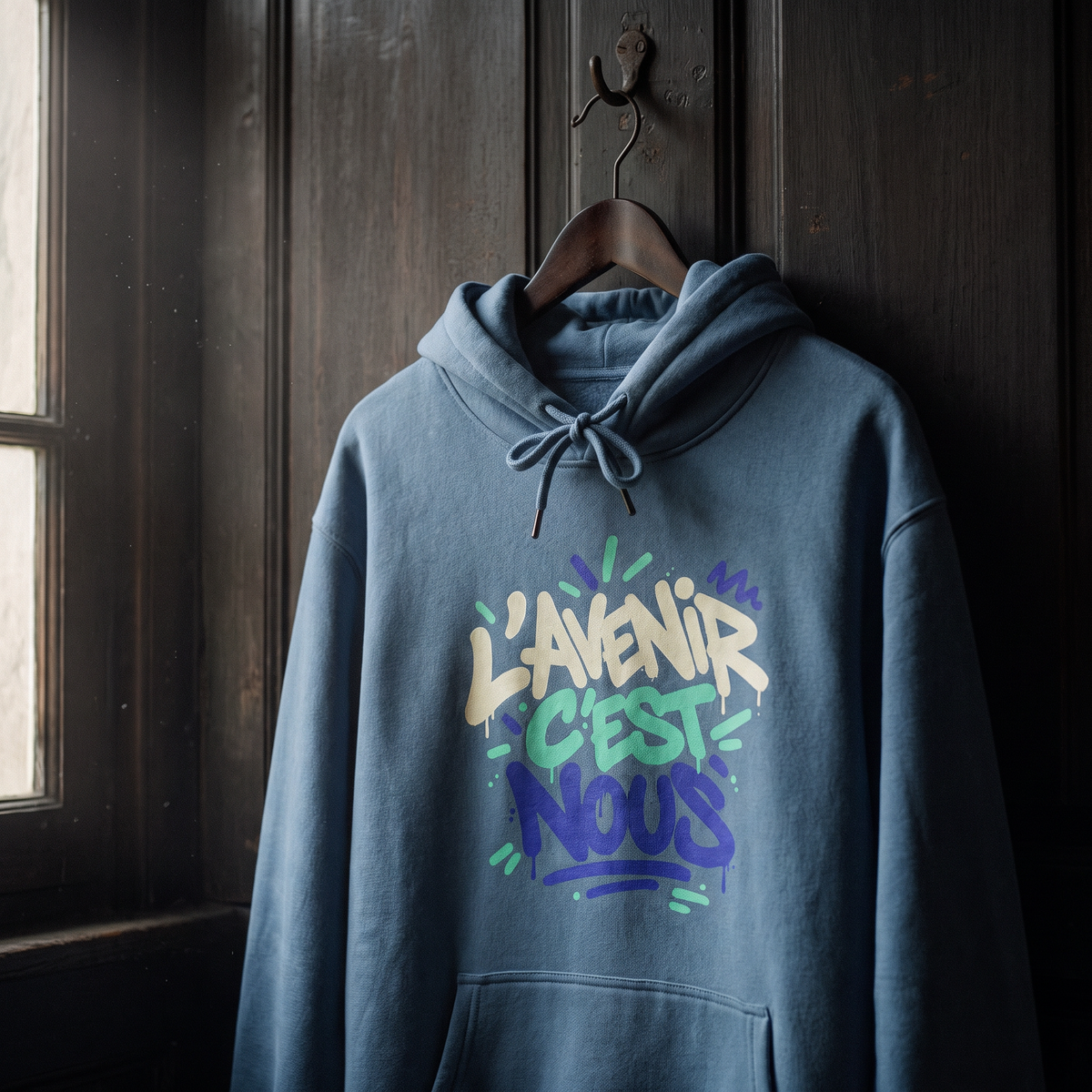 sweat à capuche Gen Z « L'avenir c'est nous » bleu acier suspendu sur un cintre en bois – sweat Gen Z original CHT'M
