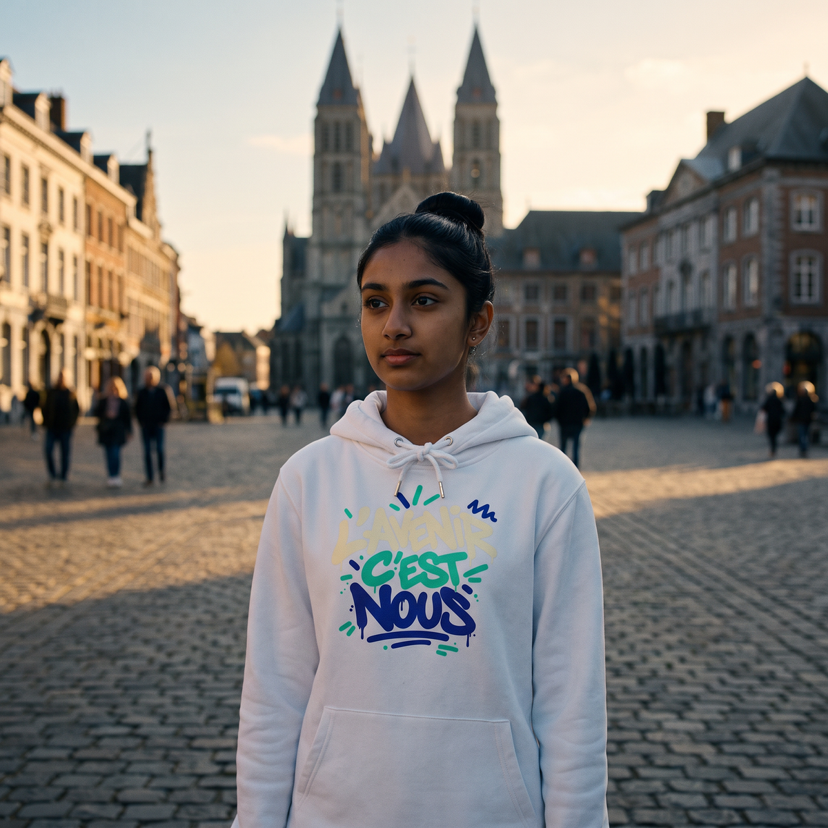 Lycéenne portant le sweat à capuche Gen Z « L'avenir c'est nous » blanc dans la rue – sweat Gen Z pas cher