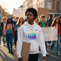 Lycéenne en manifestation pacifique avec le sweat à capuche Gen Z « L'avenir c'est nous » blanc