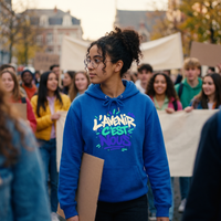Lycéenne en manifestation pacifique avec le sweat à capuche Gen Z « L'avenir c'est nous » bleu Klein
