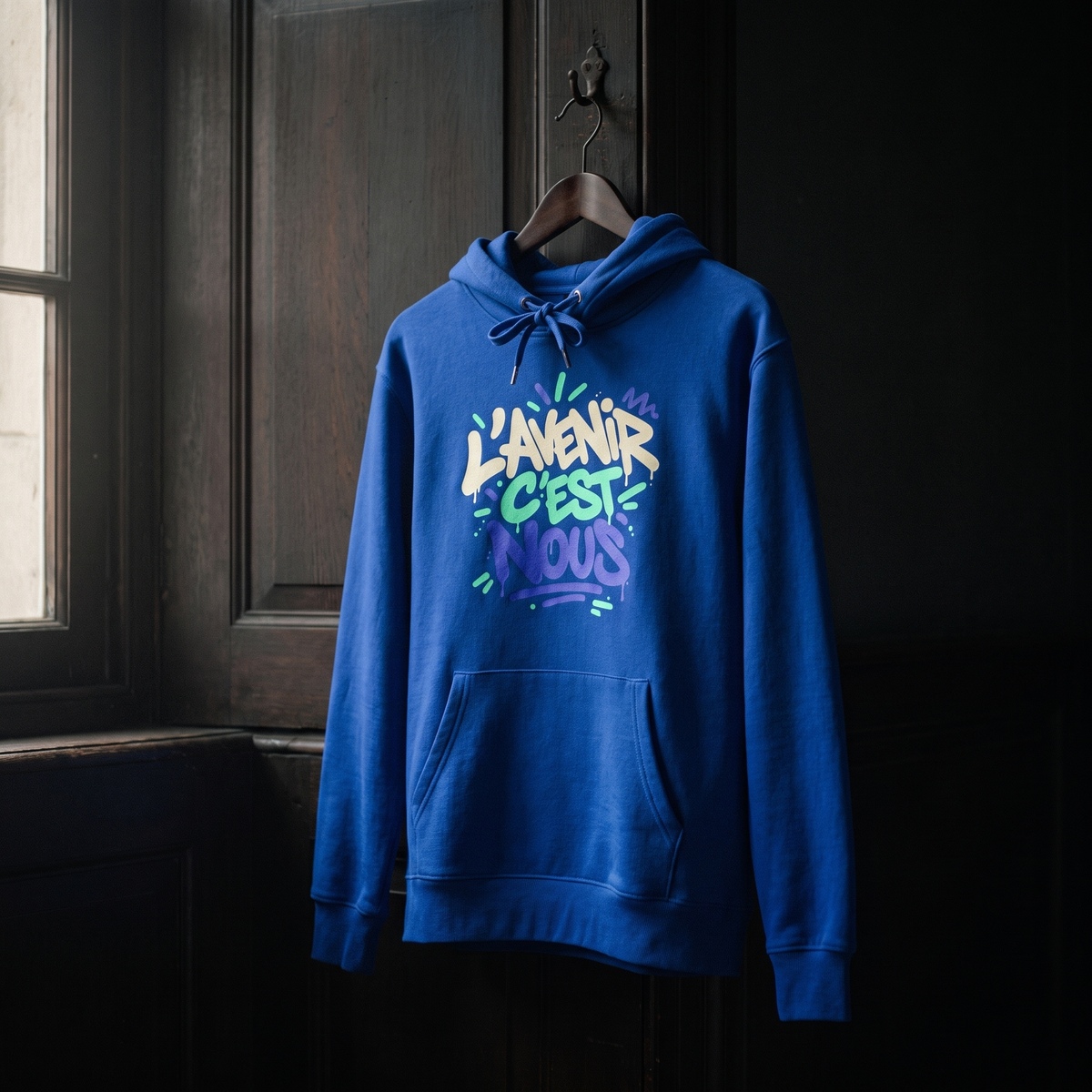 sweat à capuche Gen Z « L'avenir c'est nous » bleu Klein suspendu sur un cintre en bois – sweat Gen Z original CHT'M