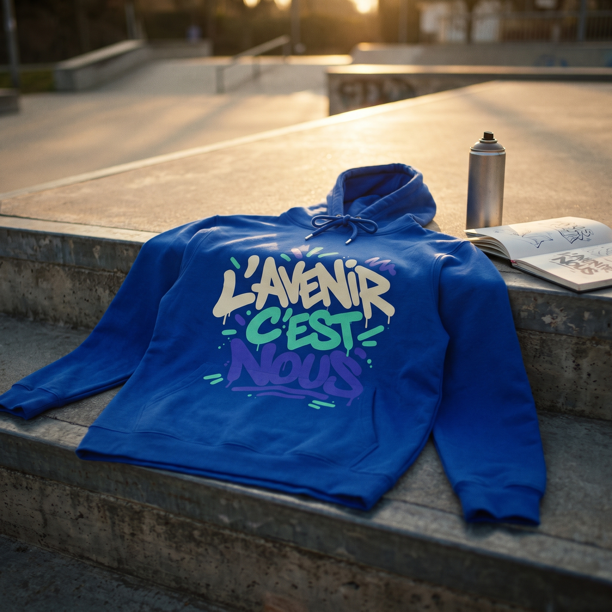 sweat à capuche Gen Z « L'avenir c'est nous » bleu Klein posé sur les marches d'un skatepark au coucher du soleil – CHT'M Boutique