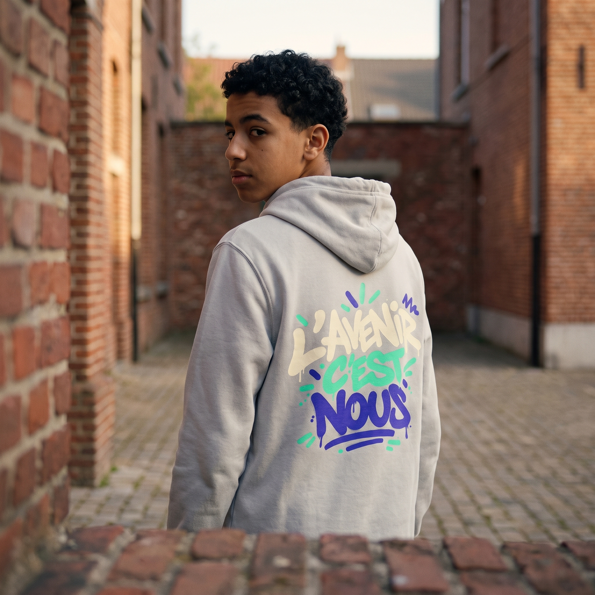 Lycéen de dos portant le sweat à capuche Gen Z « L'avenir c'est nous » gris cendré, grand print dans le dos – sweat manif original