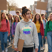 Lycéenne en manifestation pacifique avec le sweat à capuche Gen Z « L'avenir c'est nous » gris cendré