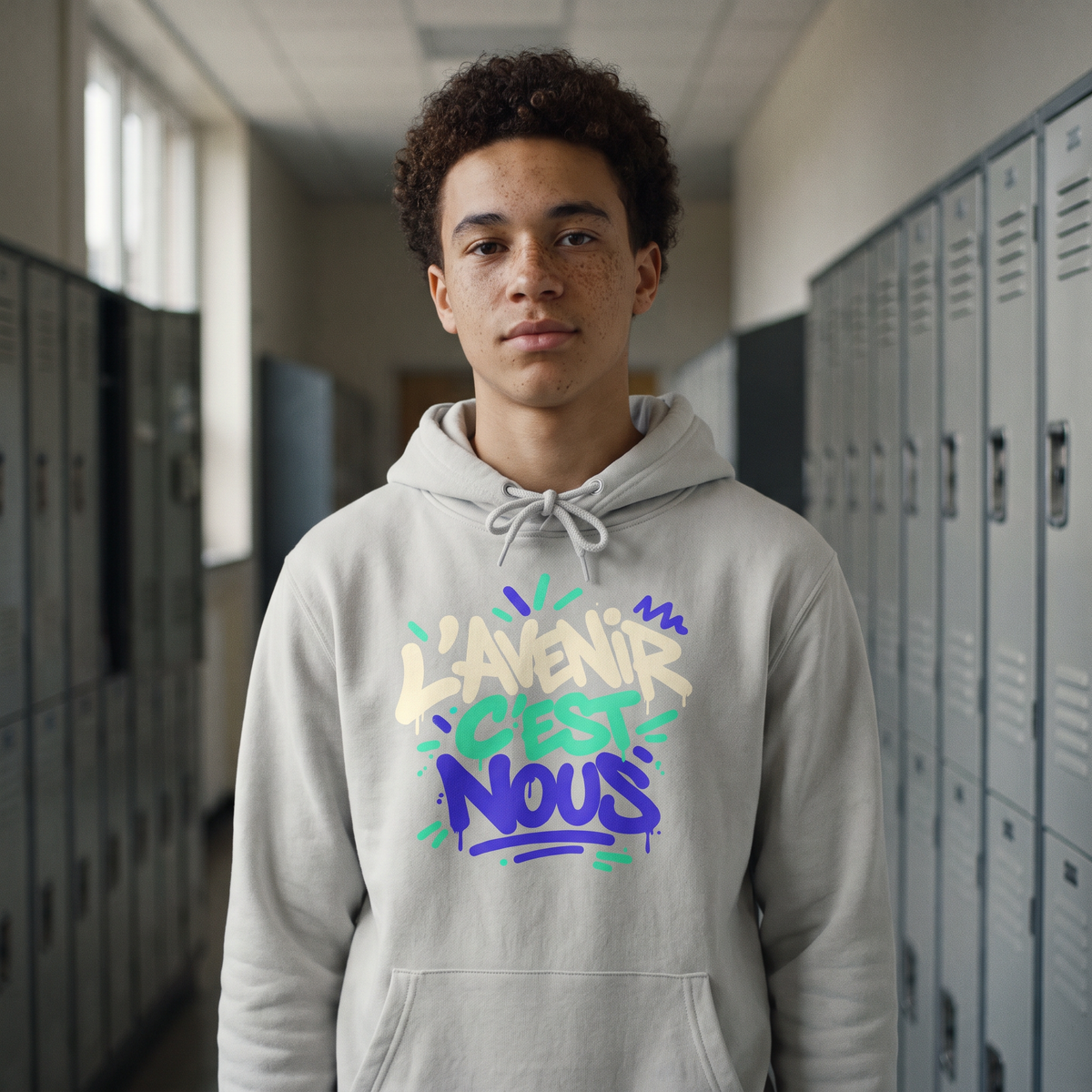 Lycéen portant le sweat à capuche Gen Z « L'avenir c'est nous » gris cendré dans un couloir de lycée – hoodie manif original